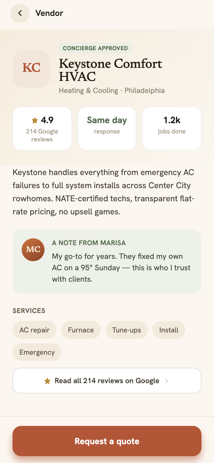 Vendor detail with Google rating and agent note